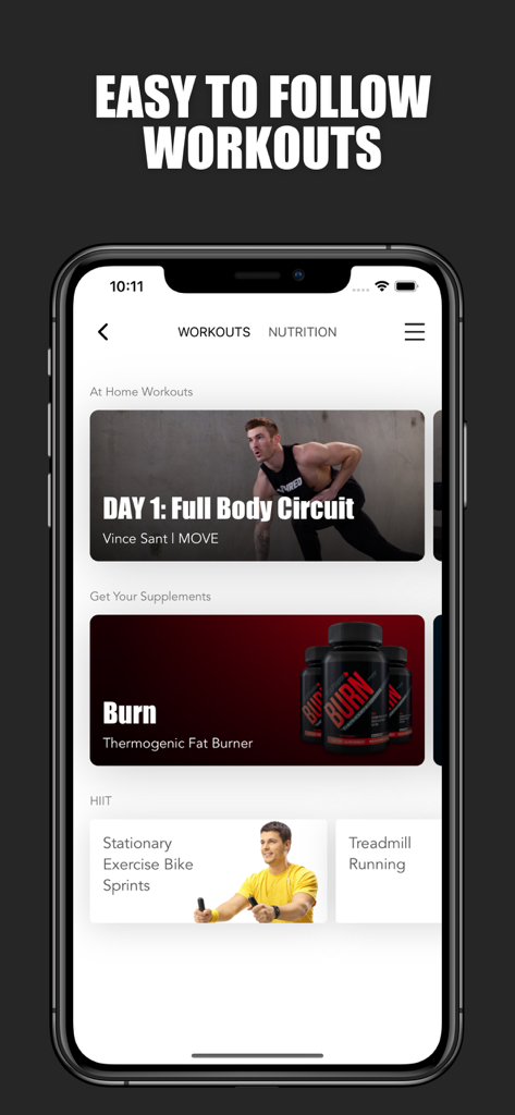 V Shred app interface showing home workout programs and fitness supplements.