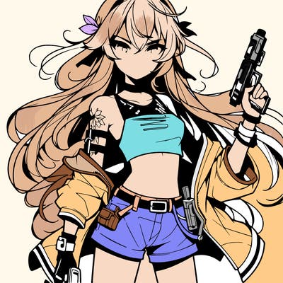 bad girl wearing crop top holding a gun long hair anime