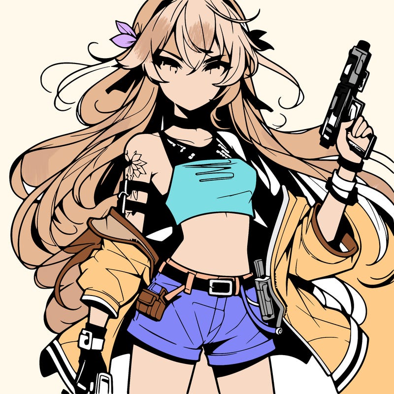 bad girl wearing crop top holding a gun long hair anime