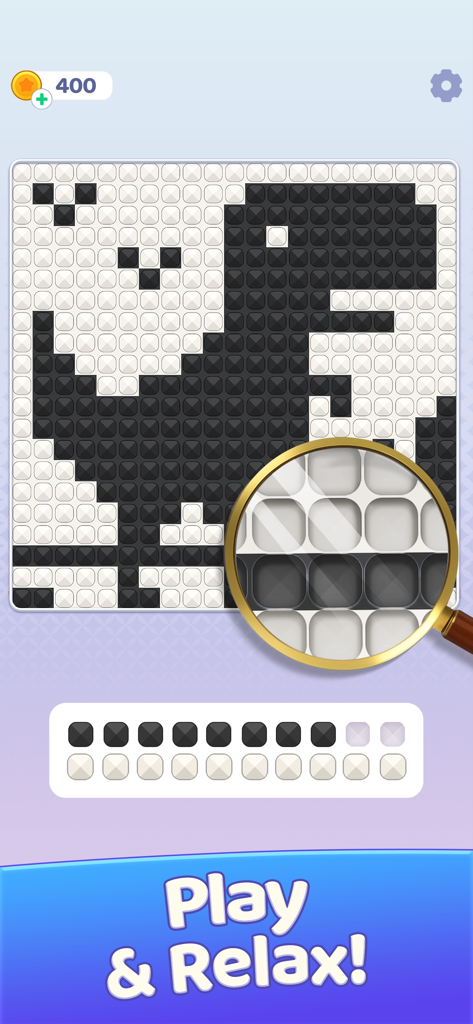 A diamond pixel art puzzle of a dinosaur being assembled in the Brilliant Sort app with a magnifying glass effect.