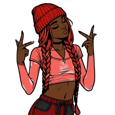 realistic teenage girl with braids and a beanie and crop top doing 🫶🏼