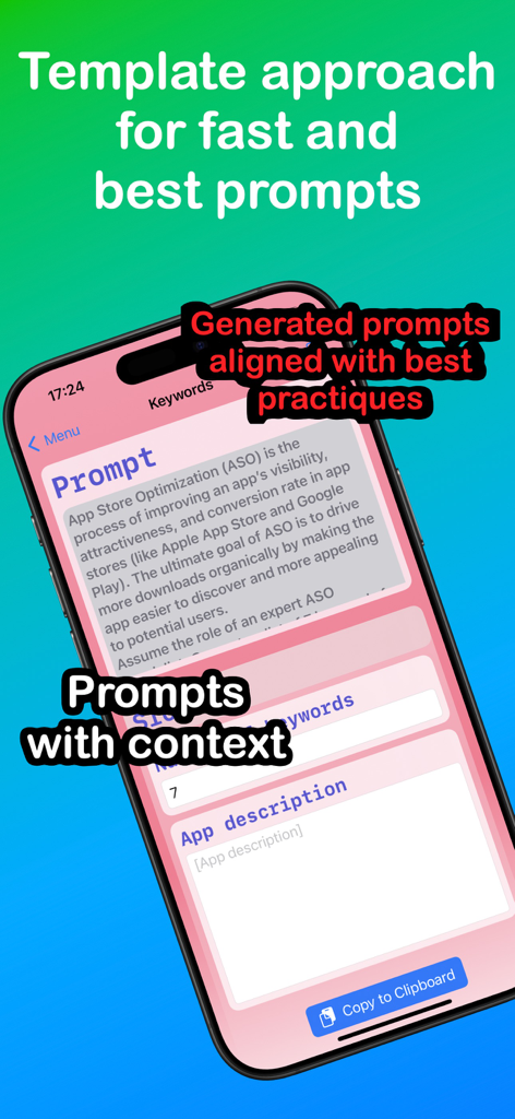 AI Prompt Builder - AI Prompt Builder mobile app interface showing a template for generating professional ASO prompts.