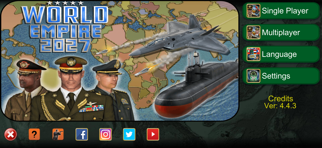 Menú principal del juego World Empire 2027 con comandantes militares, un avión de combate, un submarino y opciones estratégicas.