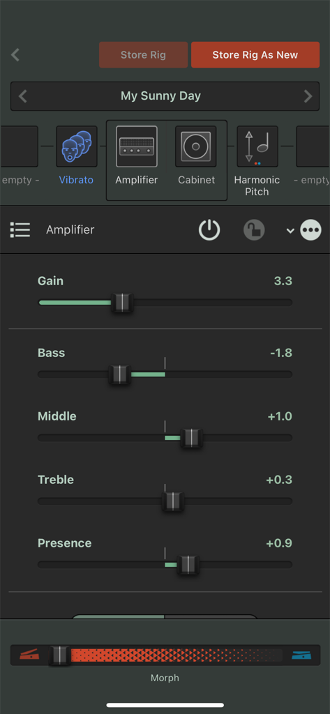 Application Kemper Rig Manager affichant les réglages de gain et d'égalisation de l'ampli pour l'édition du son de guitare