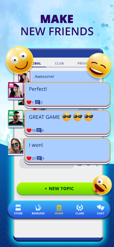 Opa.GR: Tavli, Tichu, Ludo - Oberfläche der Opa.GR App, die einen globalen Chat-Feed mit Nachrichten, Benutzerprofilen und Emojis zeigt.