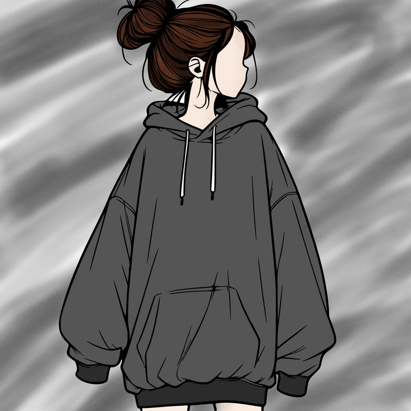 realistic girl with a oversized sweatshirt on and a bun