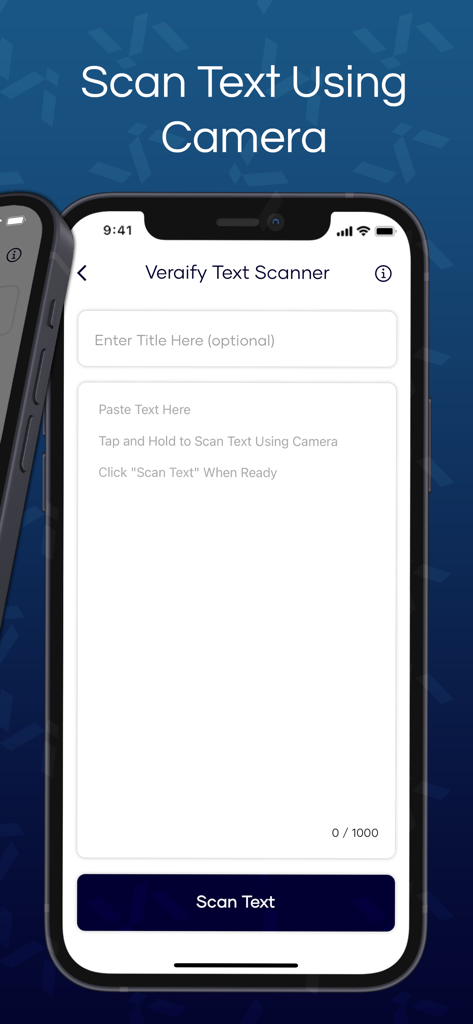 Captura de pantalla de la aplicación Veraify que muestra la interfaz del escáner de texto para escanear texto usando una cámara de iPhone