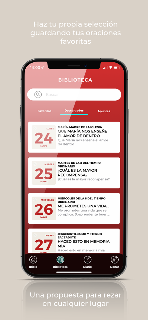 Rezandovoy - Library screen of the Rezandovoy prayer app showing a list of downloaded daily meditations in Spanish