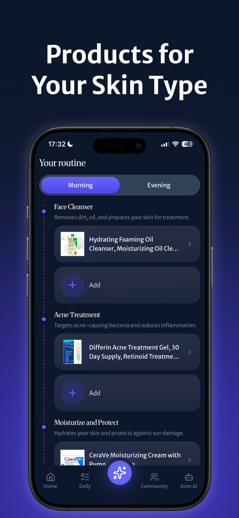 Acne Snap app interface showing a personalized morning skincare routine with recommended products