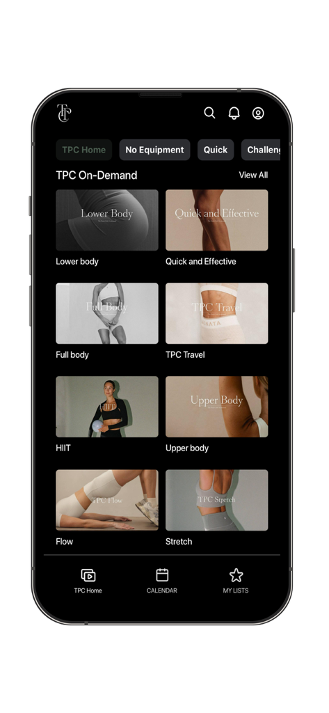 The Peach Club - Interface of The Peach Club app showing a variety of on-demand Pilates and fitness categories like lower body and HIIT
