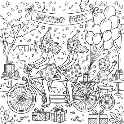 Join the celebration with this delightful coloring page featuring a tandem bike at a vibrant birthday party. Adorned with balloons, gifts, and party hats, it’s a perfect scene for creative expression.