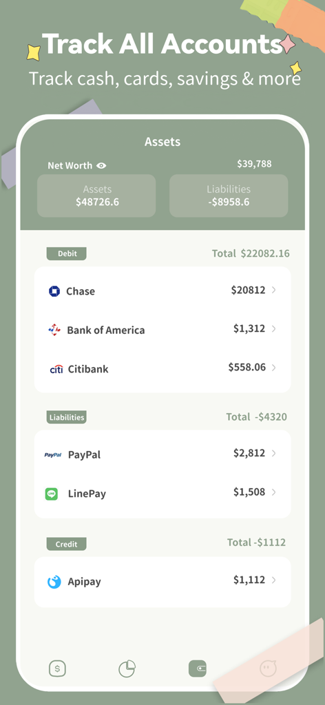 SmileBudget app screen showing net worth and various bank account balances in a minimalist interface.