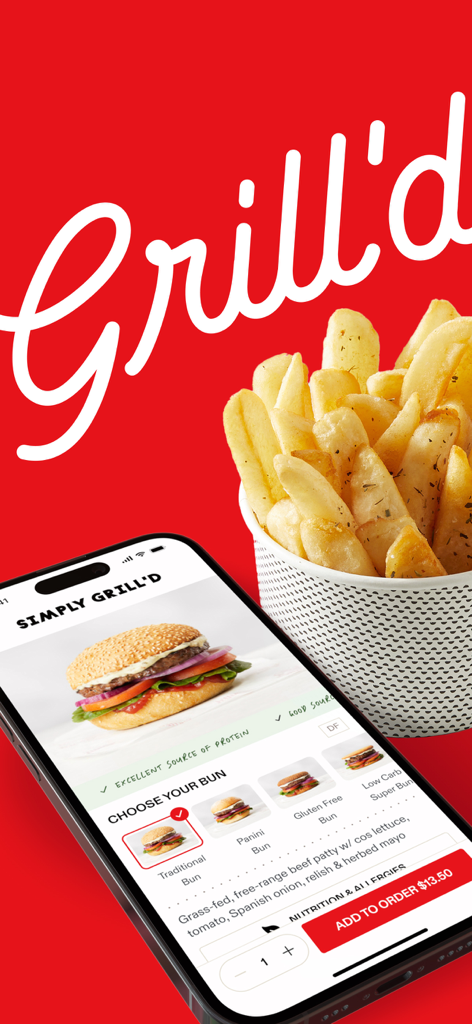 Grill'd mobile app interface showing burger customization options and a side of fries on a red background