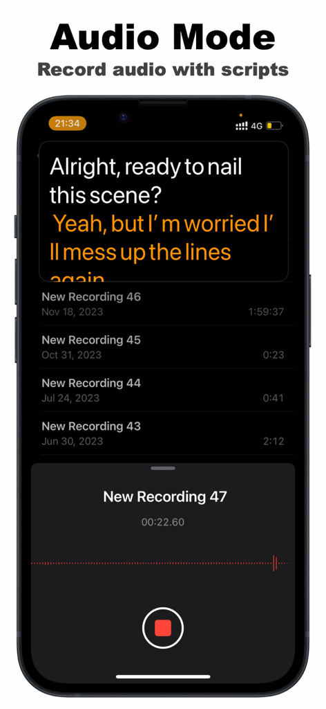 Teleprompter TikCue - TikCue teleprompter app interface in audio mode showing a script text overlay while recording audio.