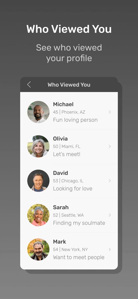 이름, 나이, 위치를 포함한 프로필을 본 사용자 목록을 표시하는 과부 앱 데이트 화면