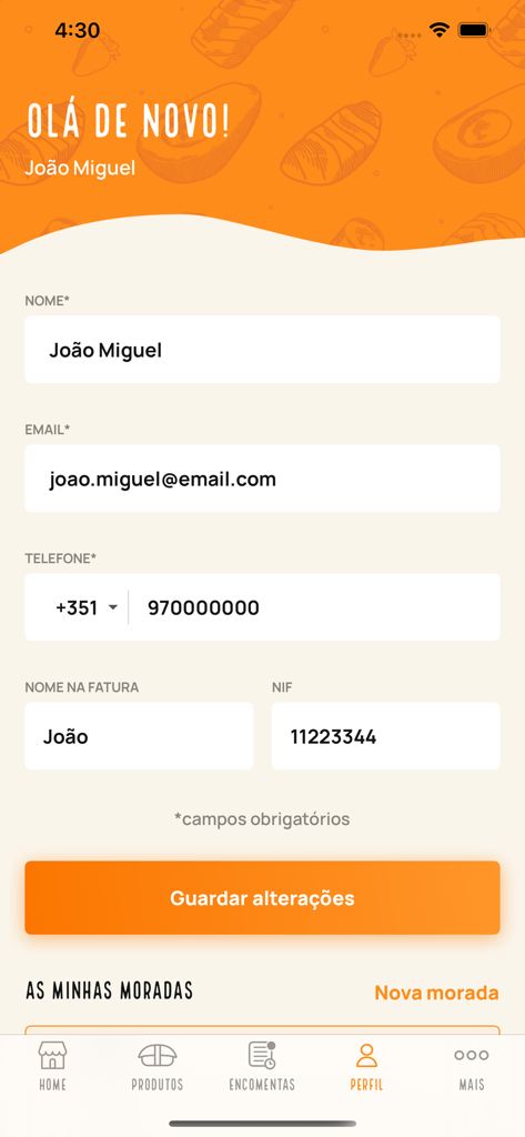 User profile settings screen in the Sushi at Home mobile application