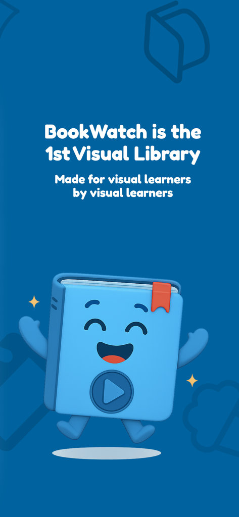 Pantalla de presentación de la aplicación BookWatch que presenta un personaje de libro de dibujos animados feliz con un botón de reproducción y el texto BookWatch es la primera biblioteca visual.