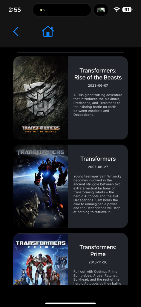 Now Showing – Movie Poster TV - Interface of the Now Showing app displaying a list of Transformers movie posters and synopses