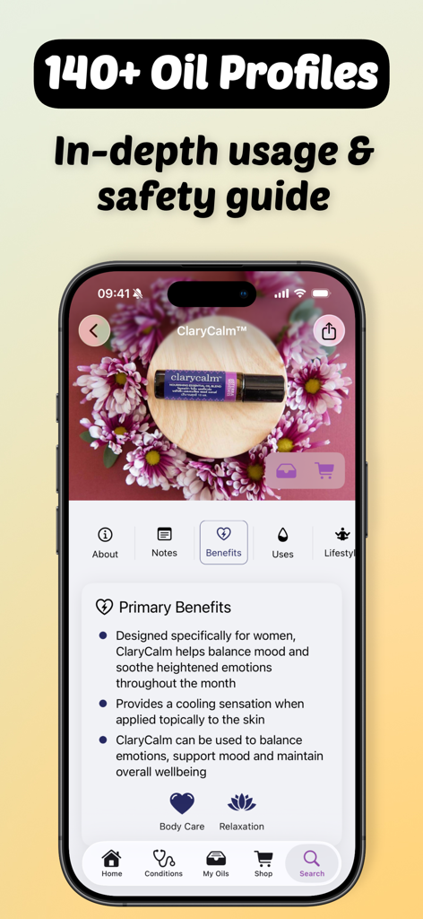 Essential Oils Guide - doTERRA - Essential Oils Guide app showing detailed profiles and benefits for ClaryCalm oil.