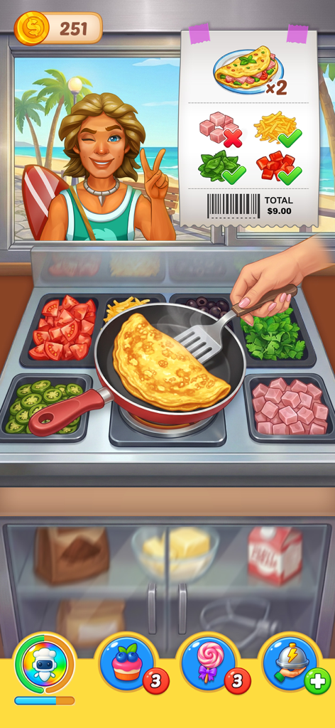 Cooking Crush Cooking Games - Gameplay of a chef preparing an omelet in a professional kitchen with various fresh ingredients.