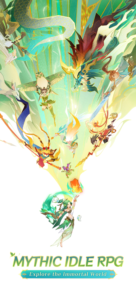 Stylized illustration of mythic heroes and a dragon in the immortal world