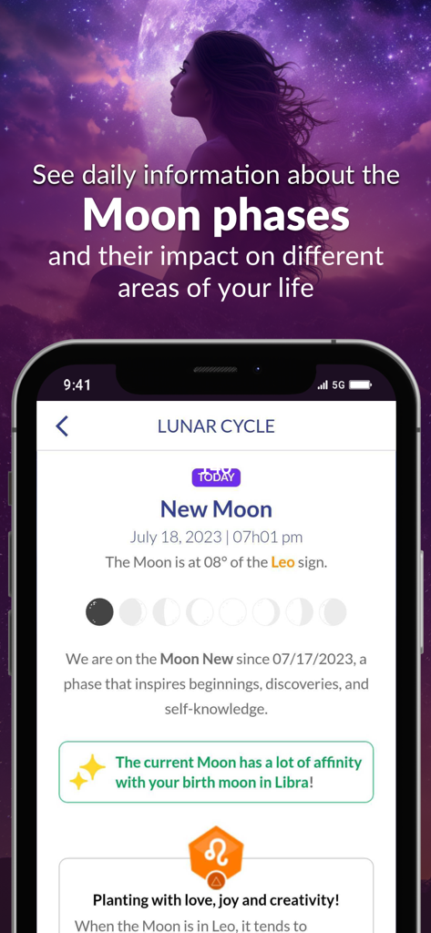 Pantalla de la aplicación Astrolink mostrando información del ciclo lunar y fases de la luna.