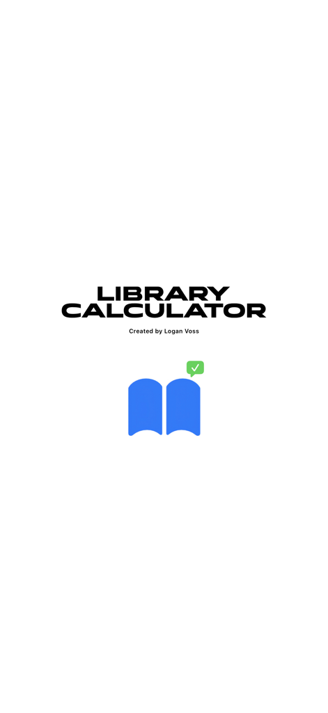 Library Calculator - The splash screen of the Library Calculator app showing the title and a minimalist blue book icon with a green checkmark.