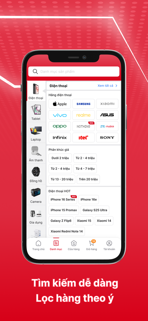 Interface do aplicativo CellphoneS para filtrar telefones celulares por marca e preço