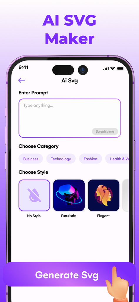 Ai SVG Converter - Vectornator - Mobile app interface for entering prompts and selecting styles to generate AI SVG graphics.