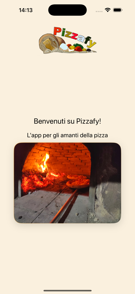Pantalla de bienvenida de la aplicación Pizzafy con un horno de ladrillos tradicional de leña y pizzas cocinándose en su interior.