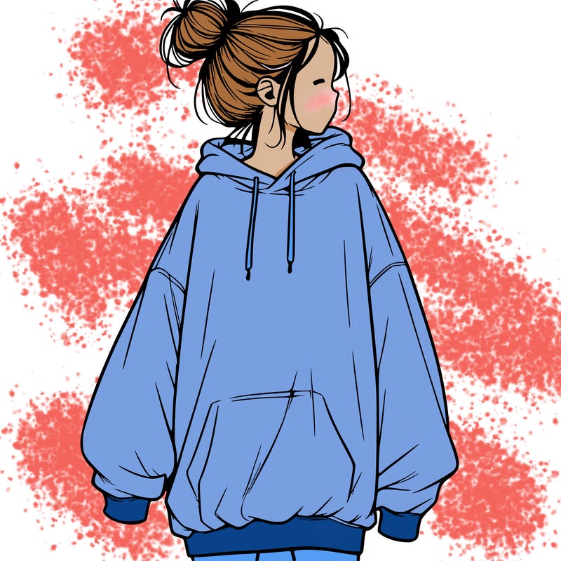 realistic girl with a oversized sweatshirt on and a bun