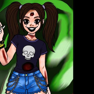 cute girl with goth clothes with chains on the shorts and skull top