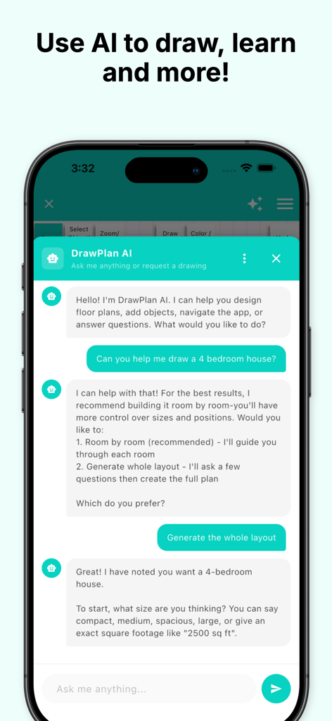 DrawPlan - DrawPlan AIチャットボットがユーザーの間取り図レイアウト作成を支援している様子を示すiPhone画面。