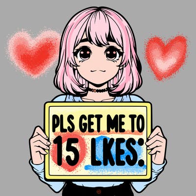 realistic girl holding up a sign that says “pls get me to 15 likes!”