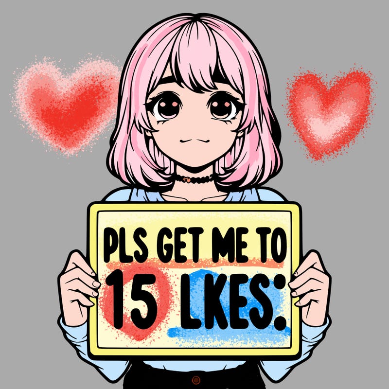 realistic girl holding up a sign that says “pls get me to 15 likes!”
