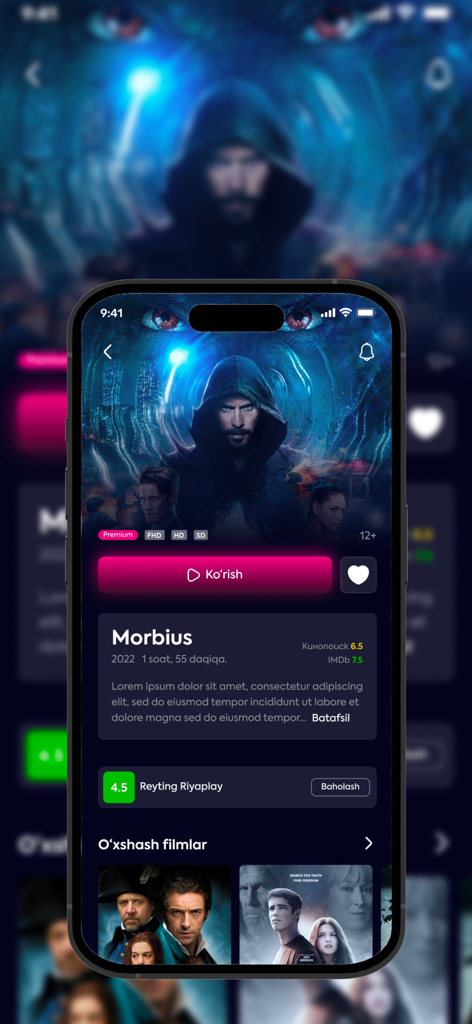 Riya Play - Riya Play app interface showing movie details for Morbius with rating and watch options
