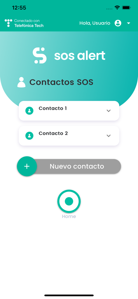 SOS Alert - Interface of the SOS Alert app displaying a list of emergency contacts and an add new contact button.