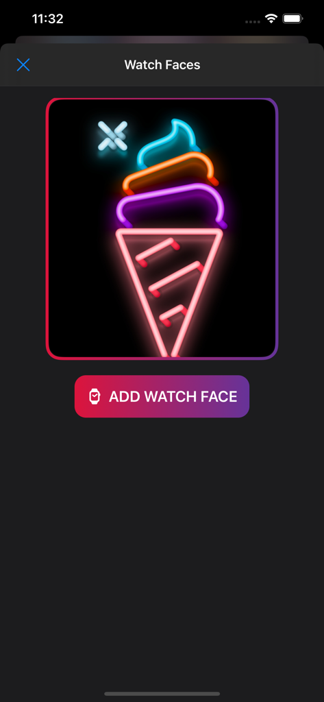 Watch Faces ®™ - Interfaccia che mostra un quadrante con un cono gelato al neon e un pulsante per aggiungerlo a un Apple Watch.