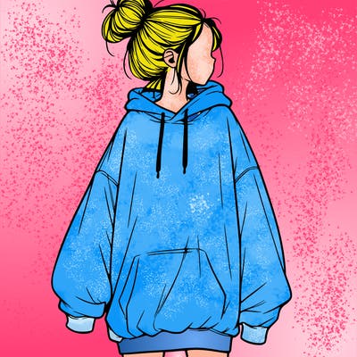 realistic girl with a oversized sweatshirt on and a bun
