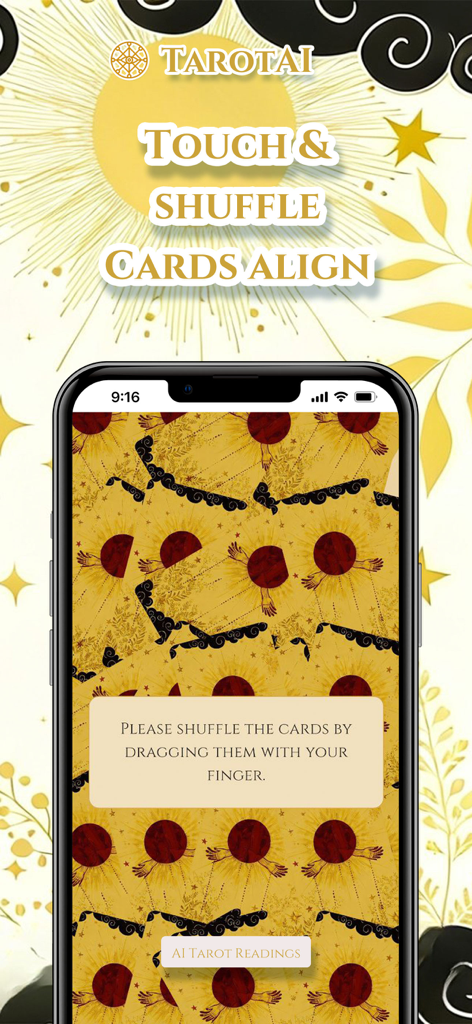 TarotAI - Daily Card Readings - Pantalla de la aplicación TarotAI que muestra una indicación para barajar cartas de tarot digitales arrastrándolas con el dedo.