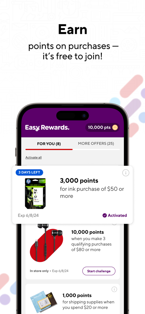 Pantalla de la app de Staples mostrando la interfaz de Easy Rewards con el saldo de puntos y ofertas específicas para tinta y suministros de oficina