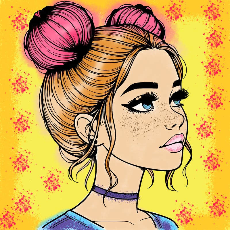 realistic girl with buns on the top of her head