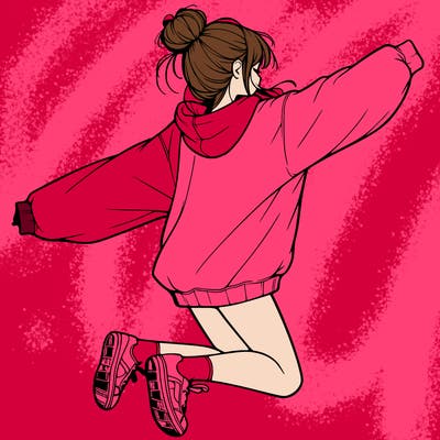 realistic girl jumping with a bun and oversized sweatshirt