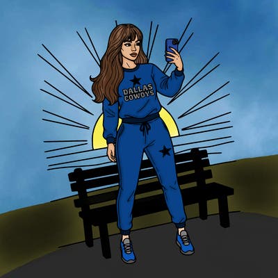 realistic woman wearing a dallas cowboy 2 piece sweatsuit with long hair and bangs standing on a bench posing with her iphone outside while sunset thin and black lines to color