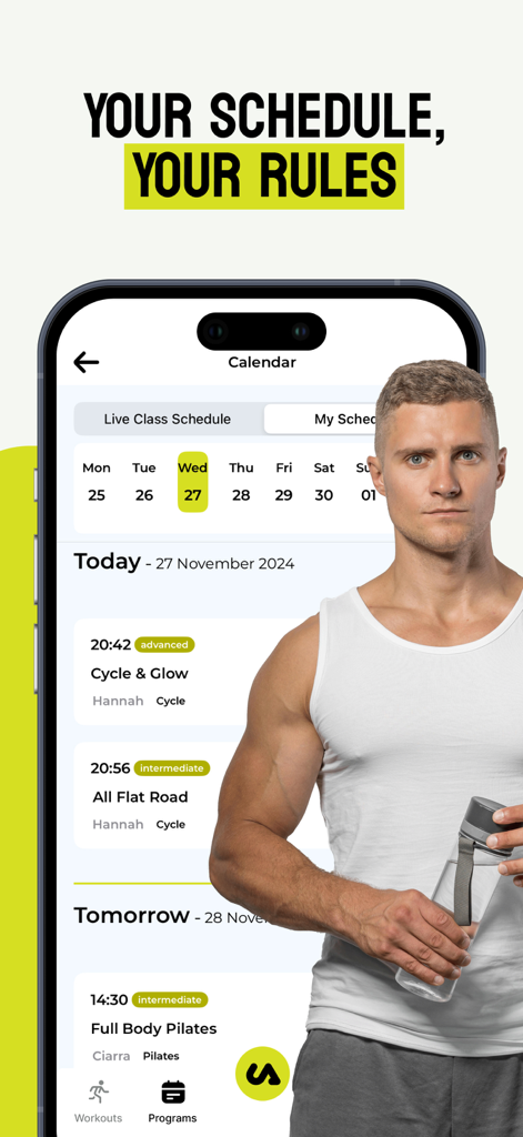 Urban Active app screenshot showing a weekly workout schedule with live classes and a fitness instructor