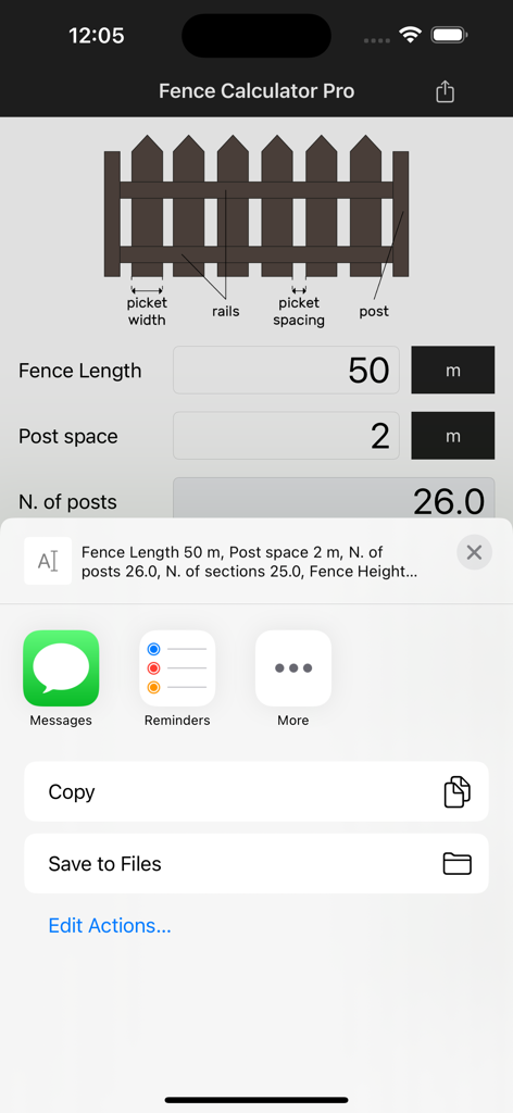 A screenshot of the Fence Calculator Pro app showing calculation results and an open iOS share menu for sending the data.