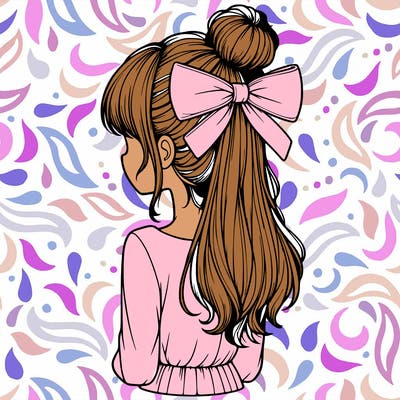 realistic girl  with hip length hair a bun and a big bow on the back of head