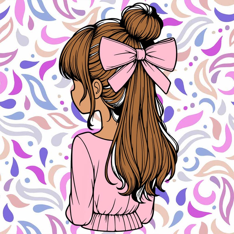 realistic girl  with hip length hair a bun and a big bow on the back of head