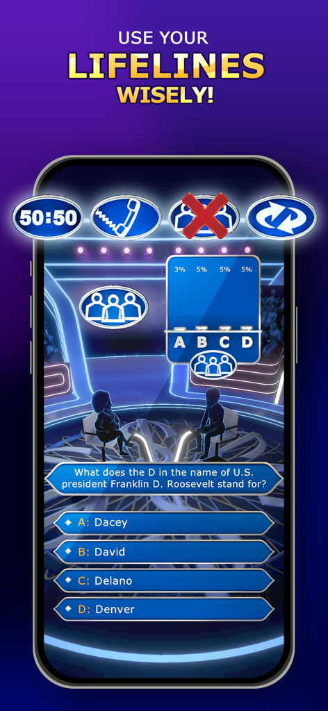 Screenshot of the Who Wants to Be a Millionaire mobile app showing a trivia question and available lifelines on a 3D game show set.