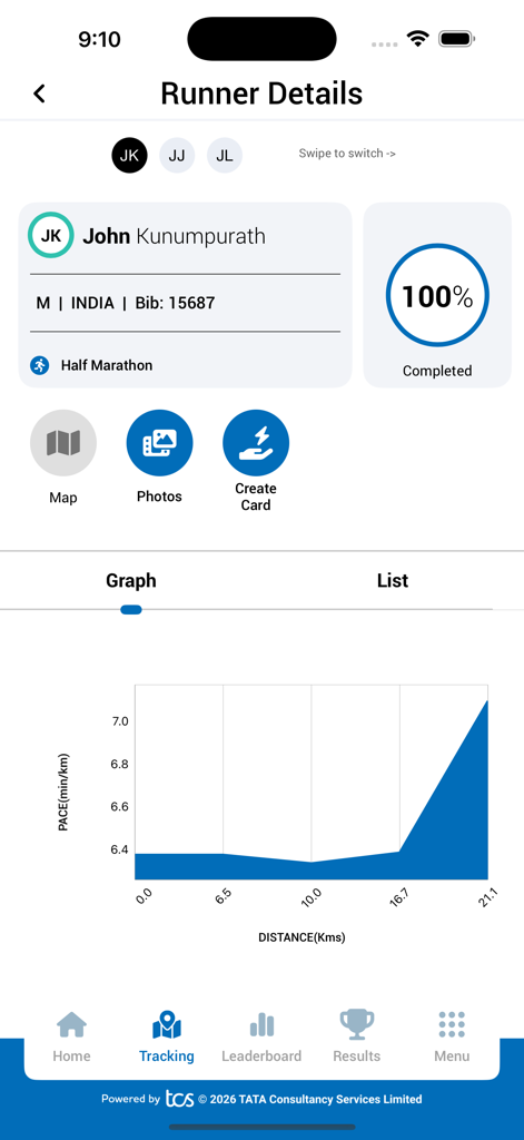 Runner Details screen in the TMM 2026 app showing race completion and pace graph